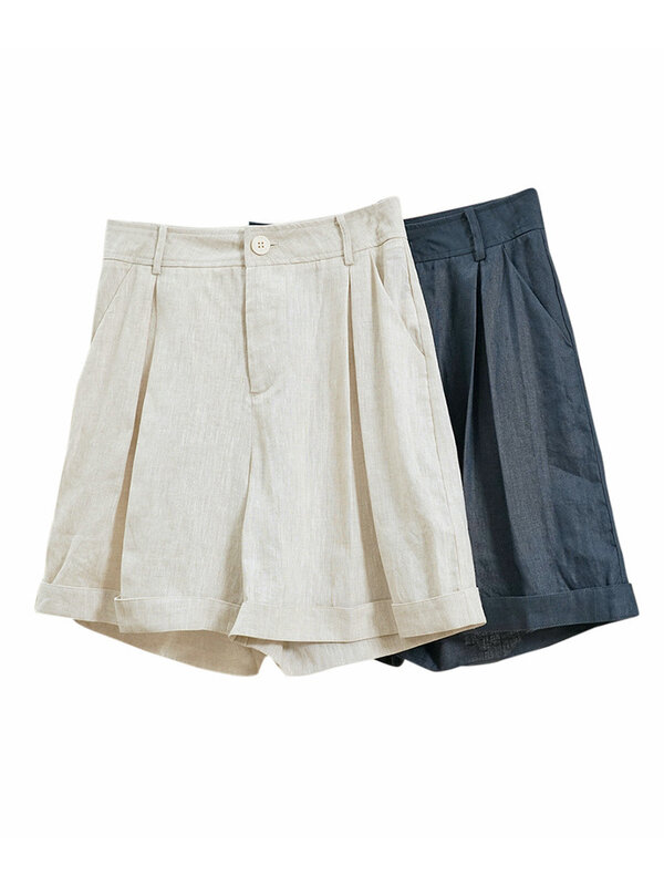 [LANMREM] Korean Version Linen Shorts For Women Solid High Waist Wide Leg Pants Loose Sun Protection Clothing 2024 Summer New