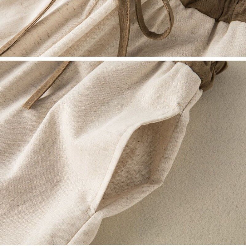 Odzież damska 2024 nowe letnie Retro kolor ze ściągającym sznurkiem elastyczne kieszenie z wysokim stanem bawełniane lniane spodnie haremowe