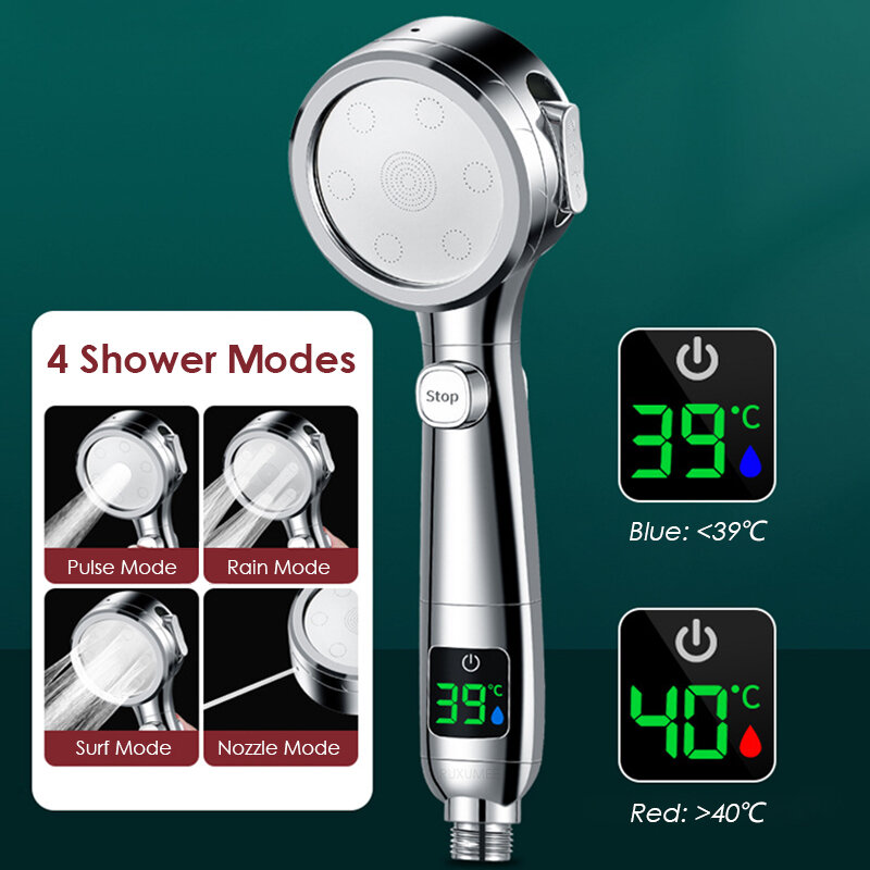 지능형 온도 디스플레이 LED 샤워 헤드, 고압 4 모드, 조절 가능한 강우 샤워, 물 절약 욕실 액세서리