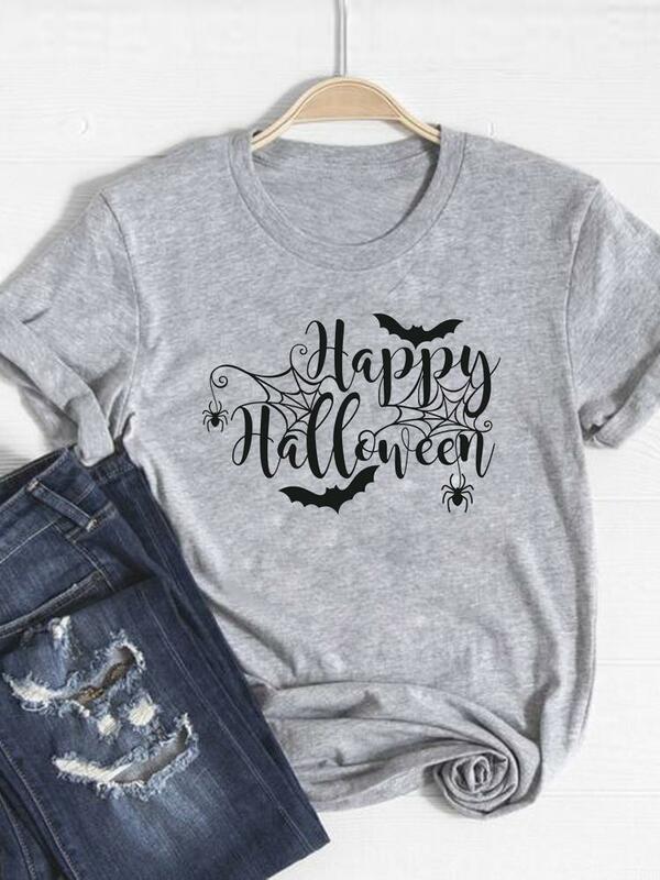 Camiseta gráfica estampada de Halloween feminina, T-shirt, Flor, Caveira, Trend 90s, Outono, senhoras, Roupas de Ação de Graças, Roupas