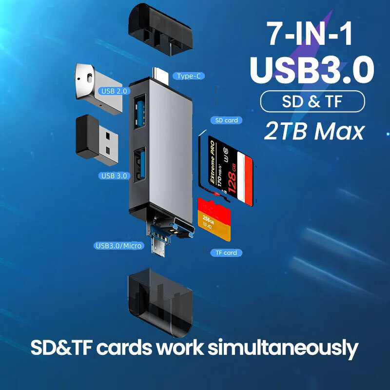 USB 3.0 Tipo C para SD TF Card Reader, Cartão de memória, Flash Drive Adapter para PC, Acessórios para laptop, Multi Smart Cardreader, 7 em 1