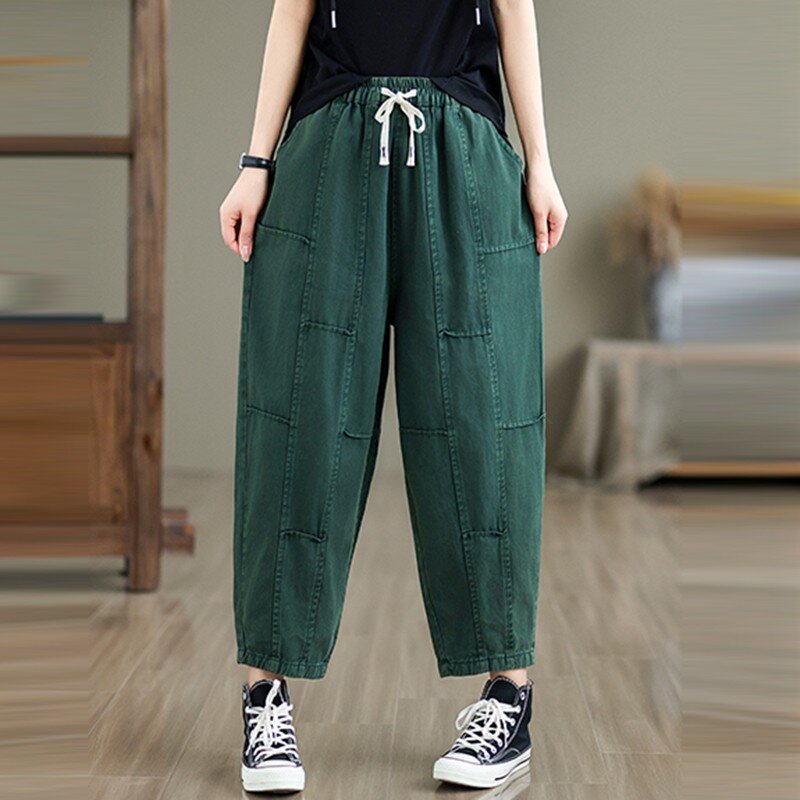 Women Casual Harem Pants New Arrival 2024 Spring Vintage Style Solid Color Basics Loose Female Ankle-length Cotton Pants B3742