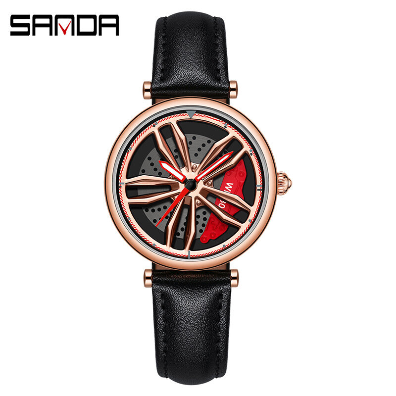 SANDA-luxo giratório carro roda relógio, esportes quartzo relógio, pulseira de couro casual, relógios de pulso impermeáveis, nova moda, 1010, 1074, 360