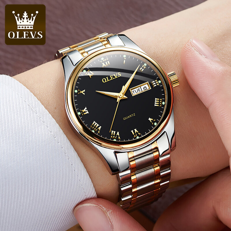 Olevs-メンズ高級ステンレススチールクォーツ時計,オリジナルの防水腕時計,発光レザーストラップ,週の腕時計
