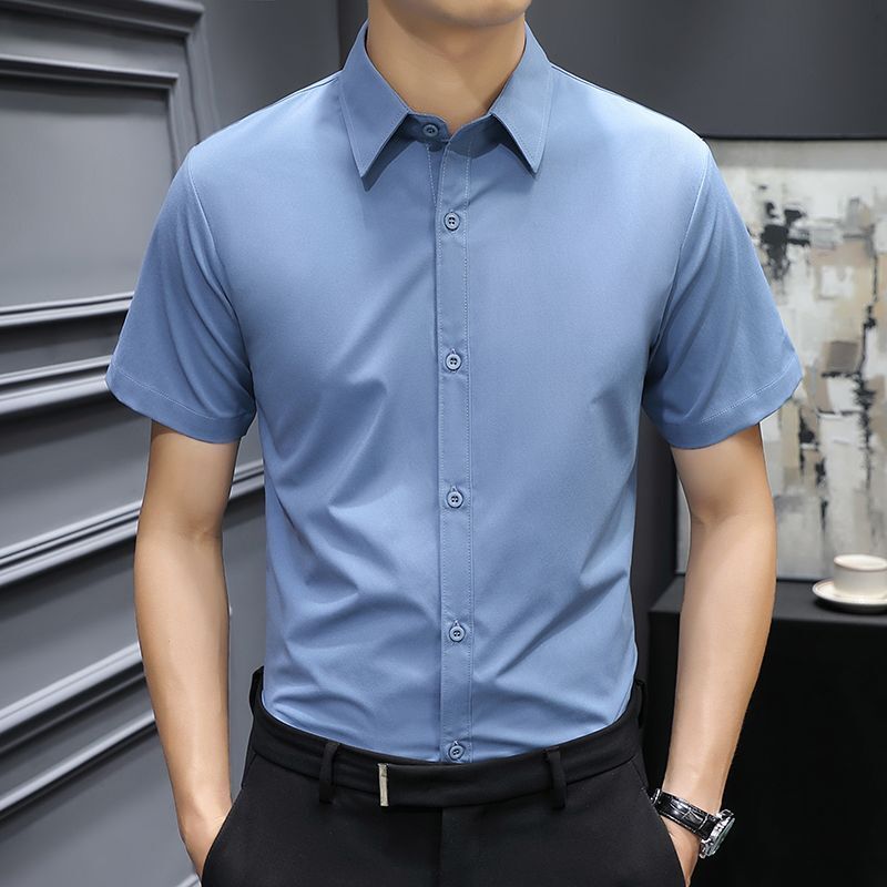 Мужская Однотонная рубашка с короткими рукавами, Повседневная гладкая облегающая деловая рубашка с короткими рукавами, лето 2019
