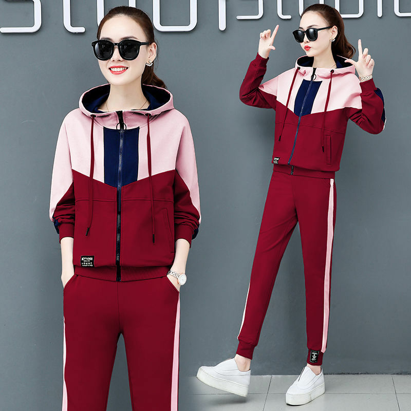 Sports Set Women's 2023 New Spring and Autumn Season Loose Korean Edition Contrast Panel Hooded Fashionable Top Two Piece Set