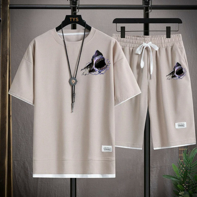 Camiseta masculina e feminina de manga curta com shorts de cordão, encaixe casual solto, conjunto elegante com estampa de tubarão, verão