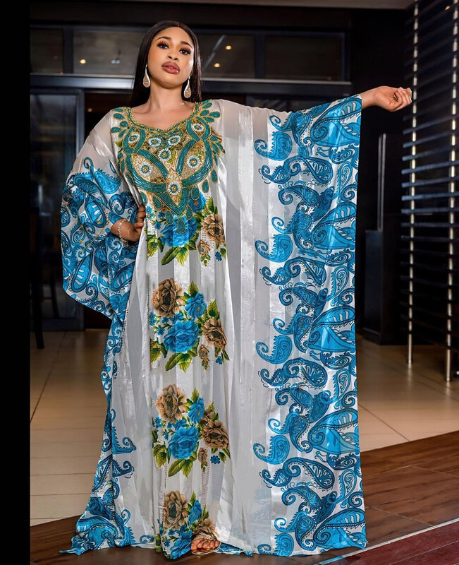 2023 New Middle East Bead Print Loose Robe African Women's Dress Robe Woman 011#