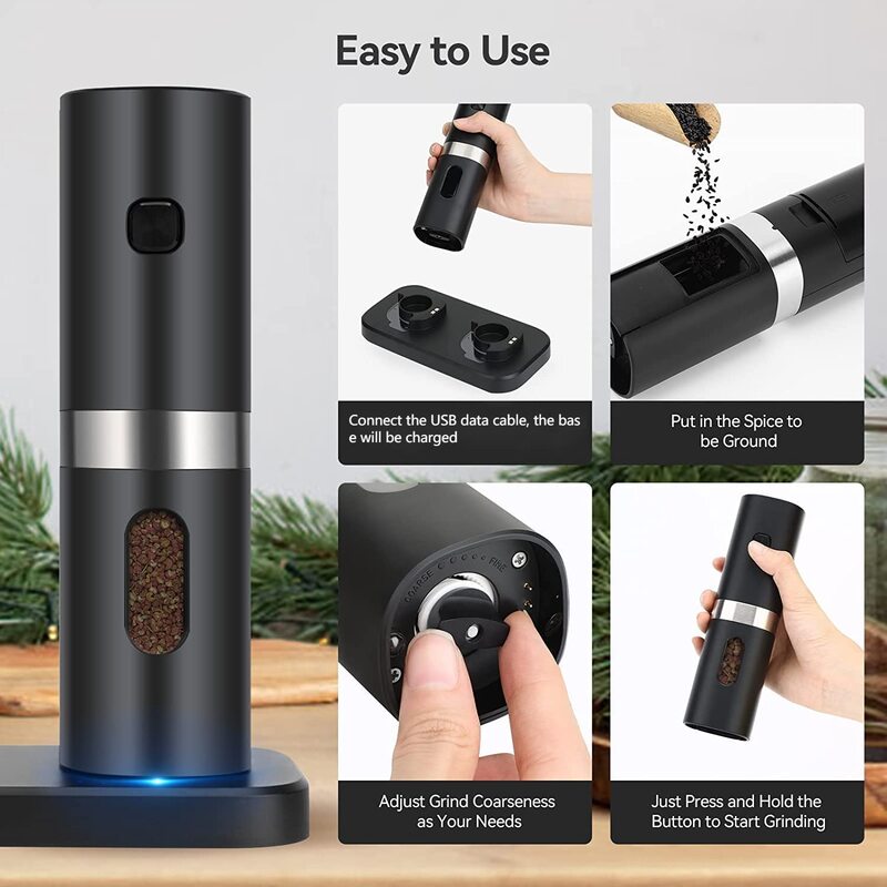 Electric Automatic Salt and Pepper Grinder Set Mill Refillable with Rechargeable Base 2 Adjustable  Coarseness Mills LED Light