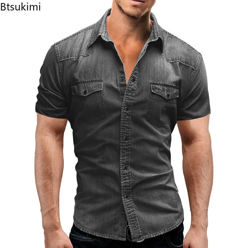 2024 New Men's Denim Shirt Fashion Short Sleeve Soft Solid Slim Cowboy Tops Men Trend Streetwear Vintage Casual Cardigan T-shirt