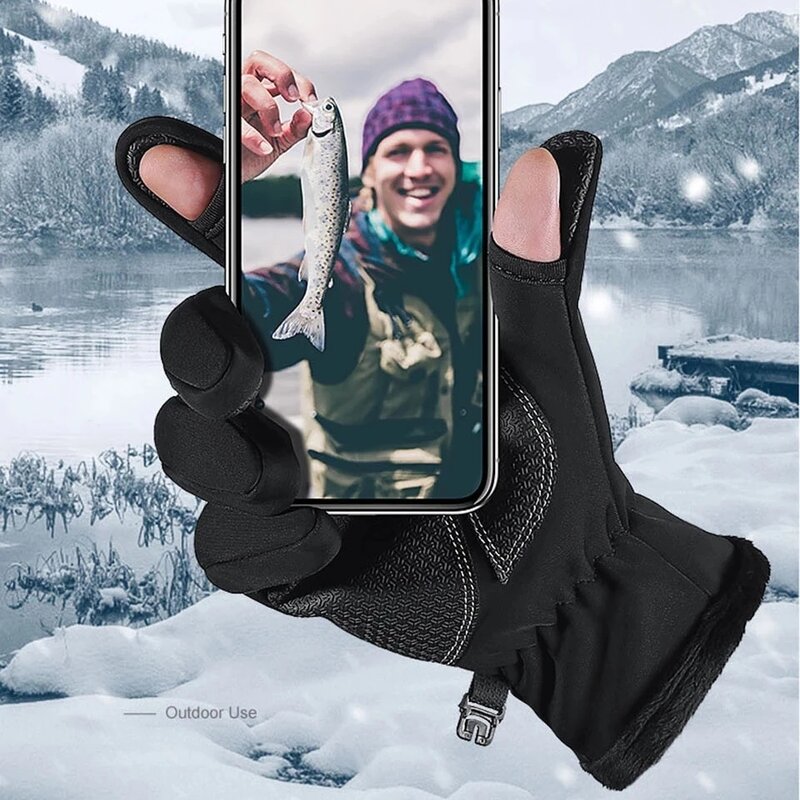Gants de pêche imperméables à rabat à 2 doigts pour hommes et femmes, gants coupe-vent, protection chaude en velours, pêche à la ligne, hiver