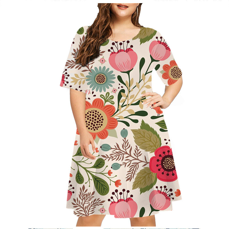 Платье женское с цветочным принтом, винтажный Свободный мини-сарафан с коротким рукавом, повседневная одежда, большие размеры 6XL, на лето