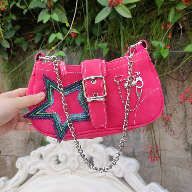 Bolso de mano Y2K con estampado de estrellas para mujer, bolsa de hombro con cadena, a la moda