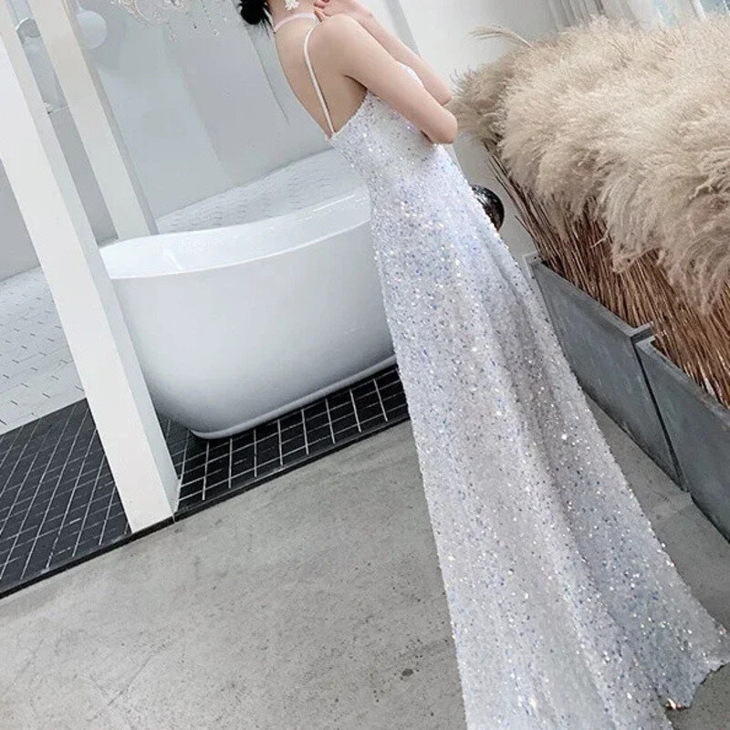 Sequin Camisole Evening Dress Elegant Long Off-the-Shoulder Women 2024 New Party Sweet Maxi Mermaid Prom Gowns  vestido de festa