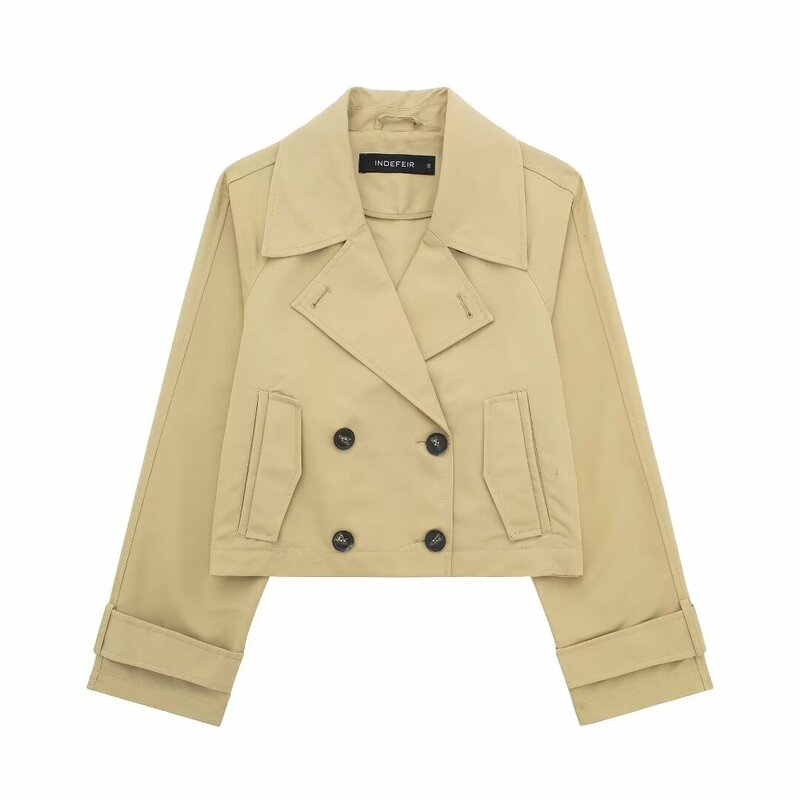 Trench coat vintage de manga comprida feminino com zíper, casacos femininos, camiseta chique, curto, nova moda, 2024