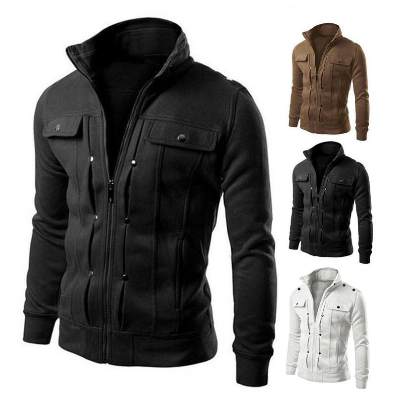 Jaqueta com gola elegante masculina, casacos monocromáticos, fechamento de botões, jaquetas com zíper, casual, primavera, outono