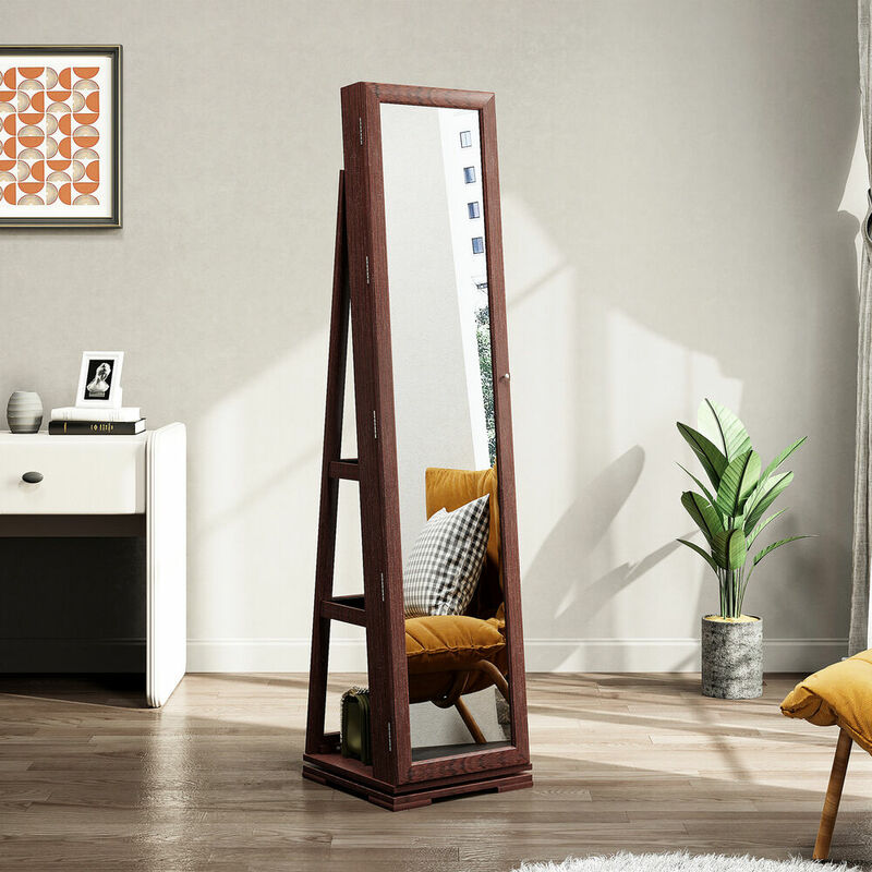 Armario de joyería de madera giratorio de 360 °, armario Bloqueable, espejo de longitud completa con estantes de nogal