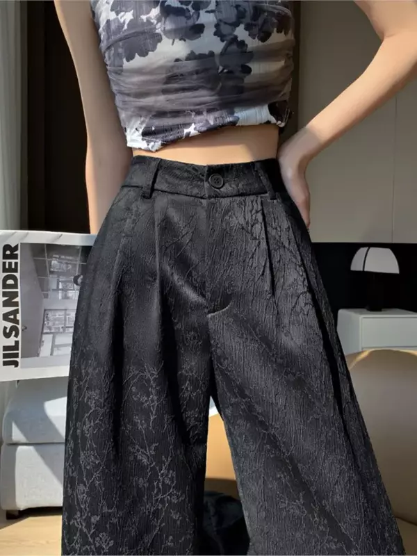 กางเกงผู้หญิงเอวสูงกางเกงขาม้าผ้าแจ็คการ์ดนูนผ้าซาตินสไตล์สไตล์จีนแบบใหม่