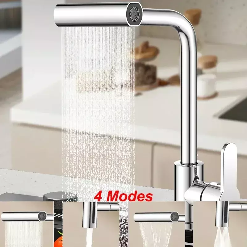Waterfall kitchen faucet, cold and hot mixer, rainwater sprinkler, bathroom basin, sink faucet, four modes, deck installation