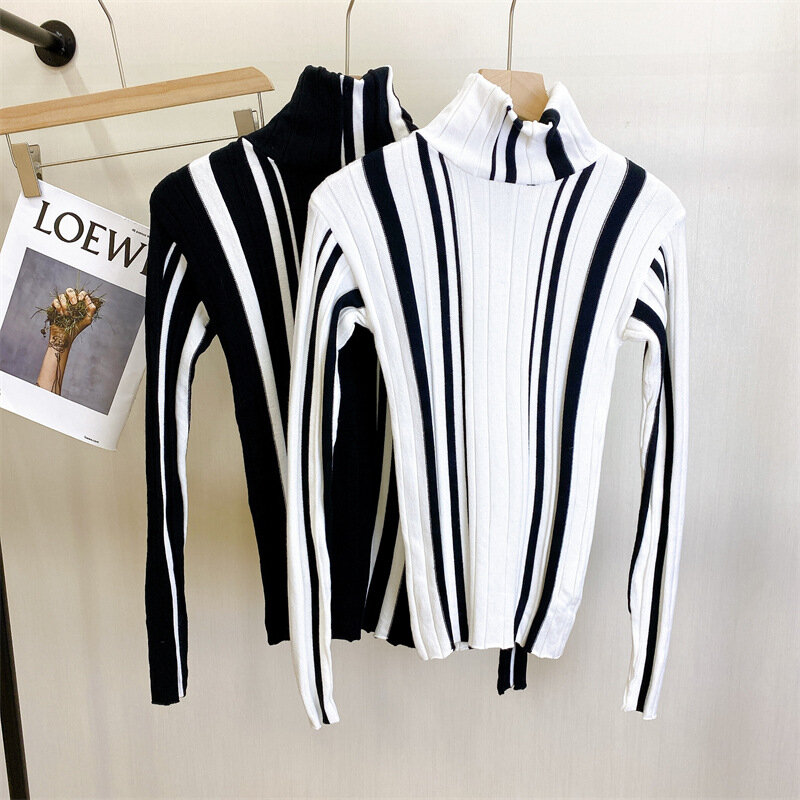 세로 줄무늬 보터밍 풀오버 컬러 블로킹 니트 하이 카라 스웨터, 슬림 두꺼운 탑 겨울 타이트 셔츠