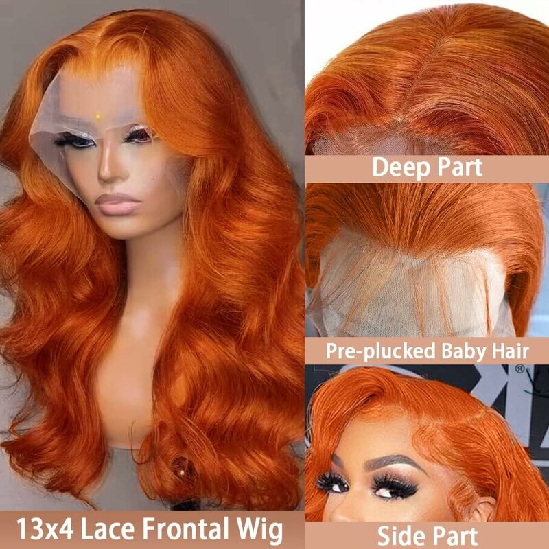 Ginger Orange Body Wave Human Hair HD Transparent Lace Front Wig Ginger Orange Free Part Human Hair Lace Wig With Baby Hair