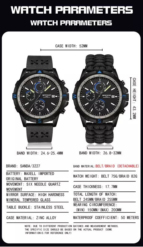 Sanda 3227 New Electronic Quartz Watch Sports Weaving Band Calendar Three Eyes Six Needle Men's Watch