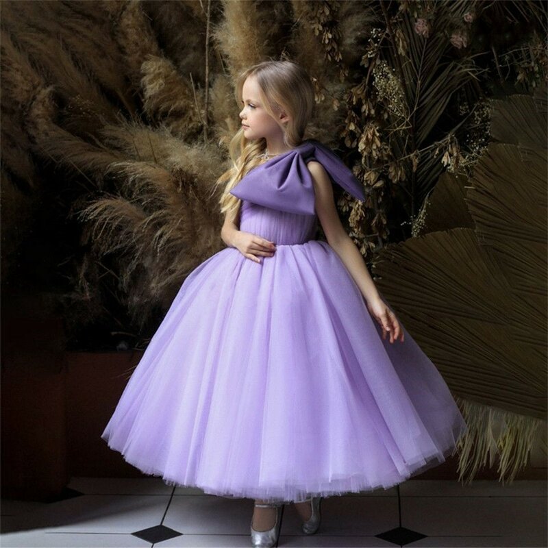 Elegante Puffy Lavender Flower Girl Vestidos, Um Ombro, Festa de Casamento, Princesa Vestido de Baile, Big Bow, Primeira Comunhão, Formal Wear