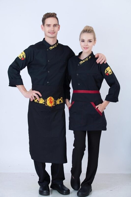 ฤดูใบไม้ร่วง/ฤดูหนาวแขนยาว Chef เสื้อโค้ท + ผ้ากันเปื้อนยุโรป Workwear Uk เสื้อผ้าปักโรงแรม Pakaian Memasak ราคาถูกเสื้อ