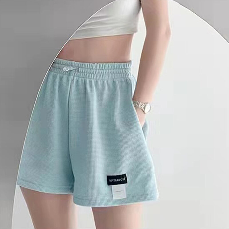 ของแข็งสีผู้หญิงกางเกงกีฬาฤดูร้อนกางเกงขาสั้นหลวมวาฟเฟิลกางเกงขาสั้น Homewear กระเป๋ายืดหยุ่นเอวกางเกงกางเกงร้อน