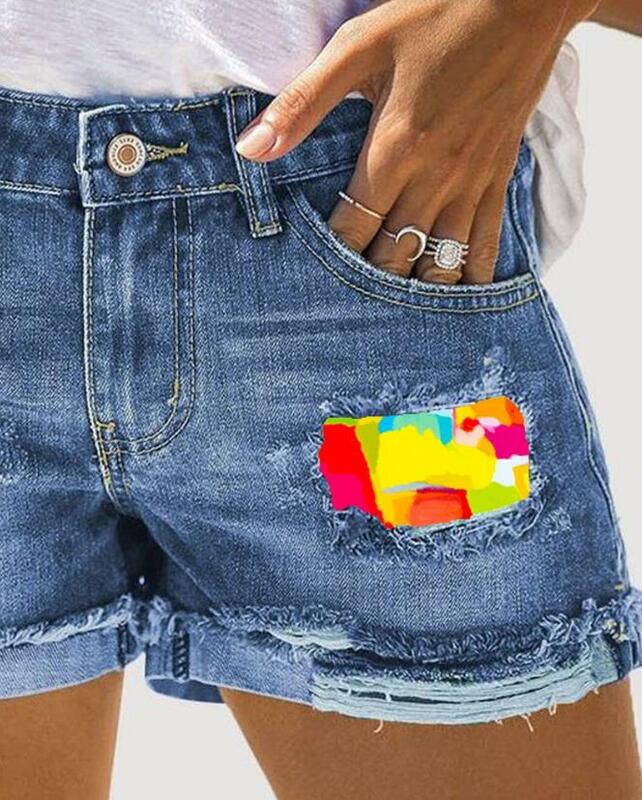 شورت جينز غير رسمي ممزق للتنقل متعدد الاستخدامات مستقيم ممتد كتلة ملونة جيب يومي ممتد جديد صيف 2023