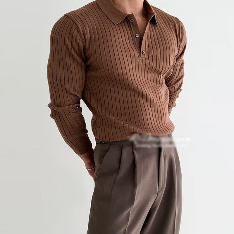 Polo de punto de manga larga para hombre, camisetas ajustadas de Color sólido acanalado a la moda, jerséis informales con solapa y botones, otoño