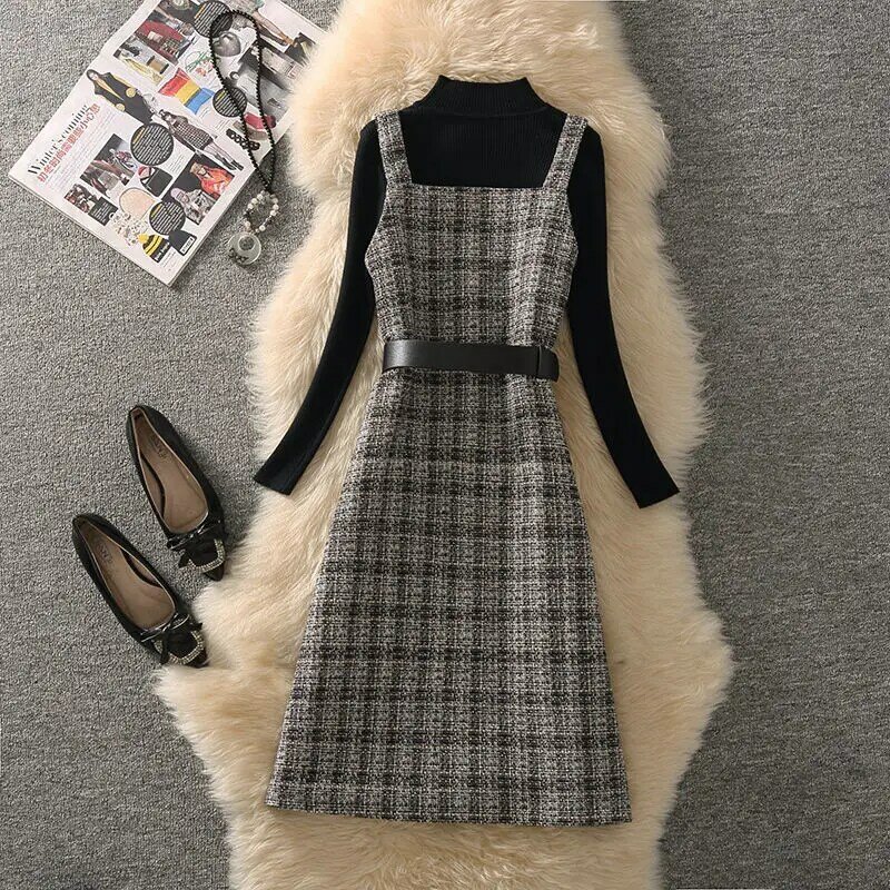 Slim Fit Woolen Plaid Back Strap Vest Medium Length Dress with a Base Knit Sweater Two piece Set for Women in Autumn and Winter