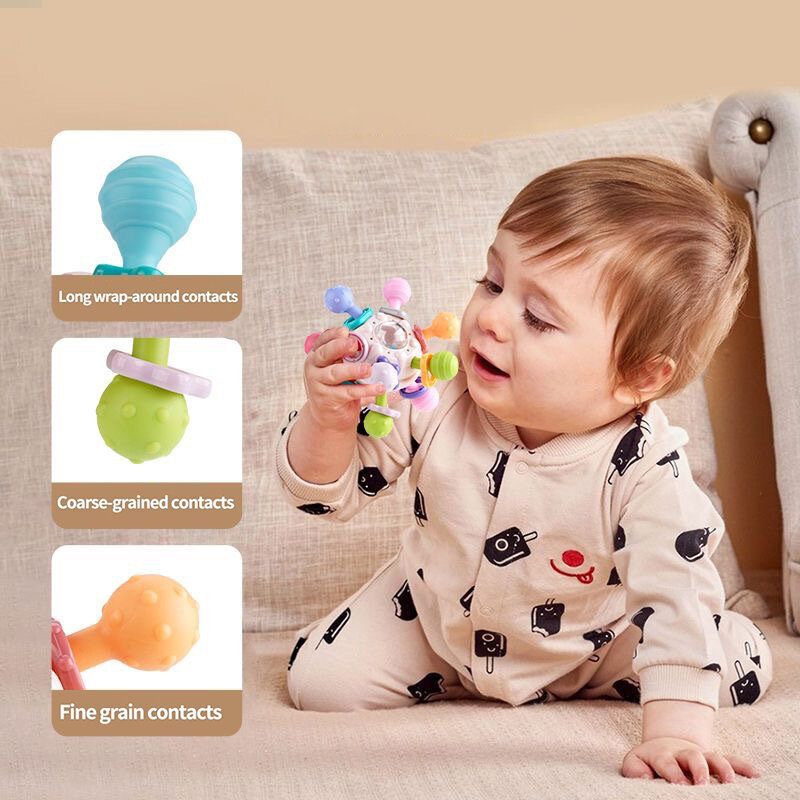 Girando bola chocalho para o bebê, segurando a atividade, Toy Desenvolvimento, mordedor de silicone, brinquedos sensoriais para bebês, 0-12 meses