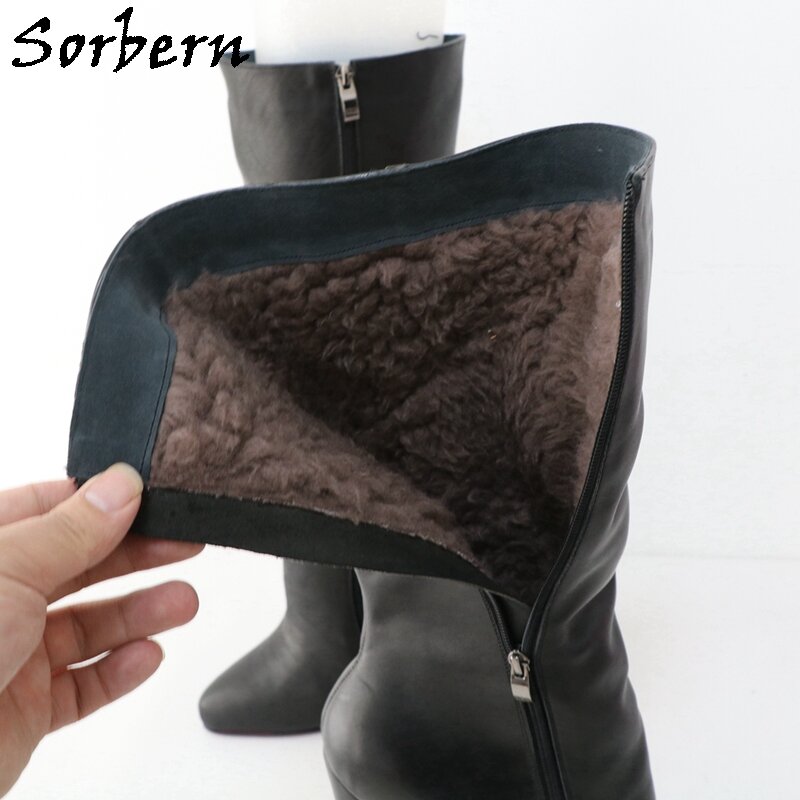 Sorbern-Botas de couro genuíno vintage matt preto para mulheres, botas de pelúcia com salto alto, botas pontiagudas, estilo inverno, personalizadas