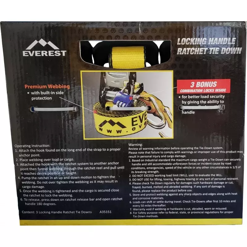 Everest 1.5 "x 15" cinghia di fissaggio con maniglia di bloccaggio cricchetto 3-Pack Premium fettuccia