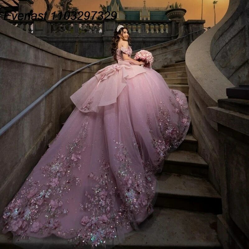 EVLAST Mexico błyszcząca różowa sukienka na Quinceanera suknia balowa 3D aplikacja kwiatowa kryształowy tiul słodka 15 Vestido De 15 Anos TQD581