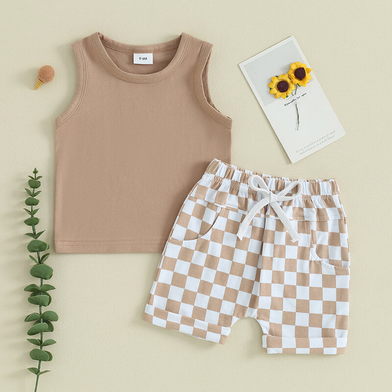 2023-12-09 lioraitiin Summer Baby Boy Clothes Solid Sleeveless Tank Top Checkered Shorts 2Pcs Outfit Set