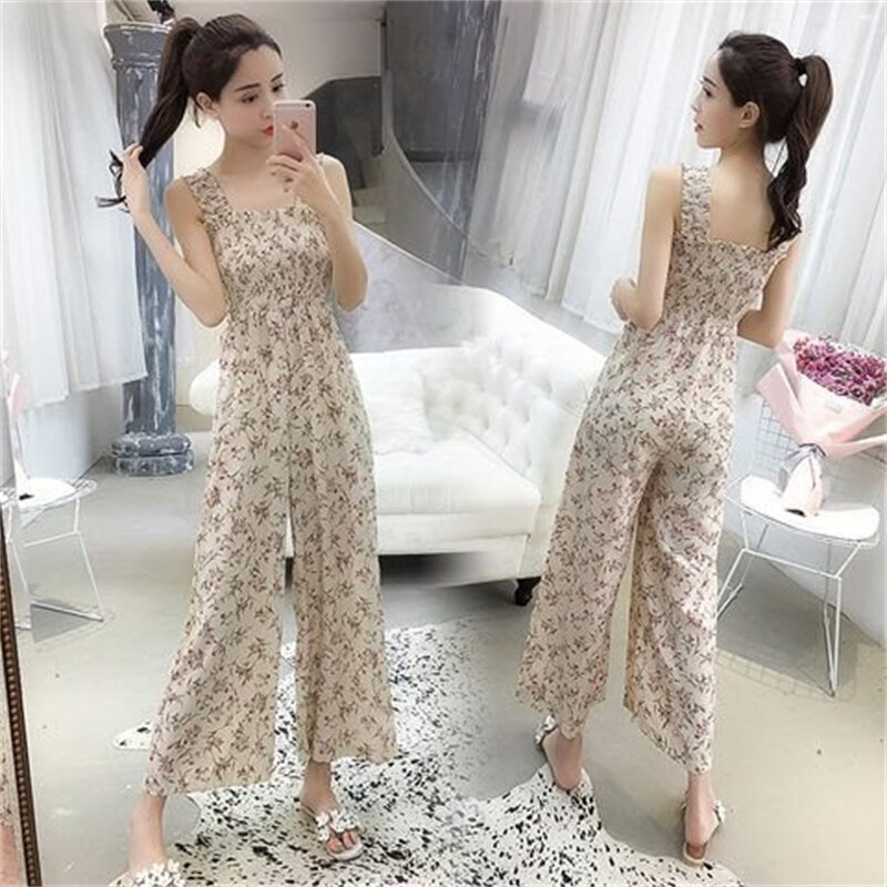Overall Jumpsuit Trousers Suspender Pants Women Ethnic Style Romper Floral Print Summer Sleeveless Sexy Lady Bohemian Beach