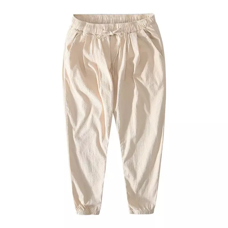 8213 oddychające spodnie męskie w stylu japońskim ze sznurkiem na codzienne wakacje na plaży luźne spodnie ze prosty krawat stopami w jednolitym kolorze