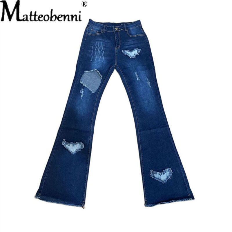 Stretch porwane jeansy rozkloszowane spodnie dżinsowe damskie workowate dżinsy Vintage Sexy wysokiej talii Distressed Streetwear 2021 damskie spodnie