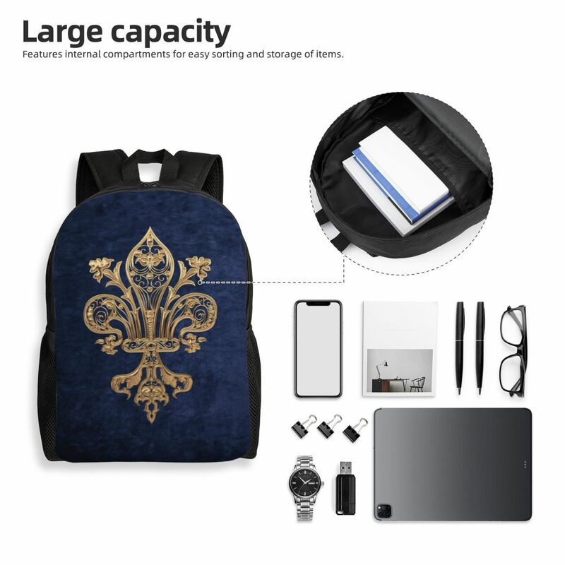 Gold Filigree Fleur De Lis Backpacks for Boy Girl Fleur-De-Lys Lily Flower College School Travel Bag Bookbag Fits 15 Inch Laptop