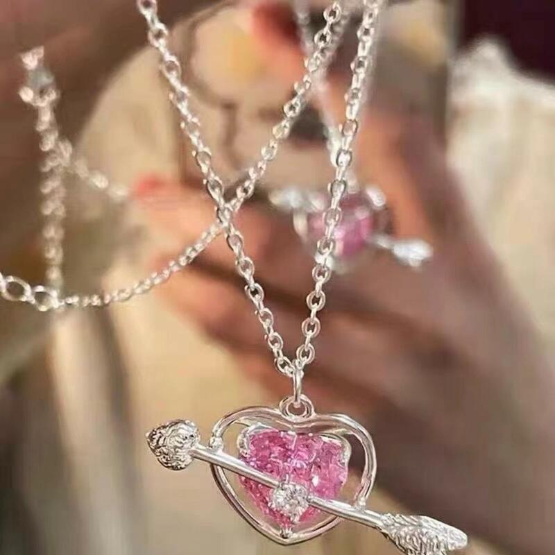 Stylish Pink Heart Necklace Fashion Gemstone Pendant Designs Diamonds One Arrow Through Forever Love Chic Jewellery Accessories