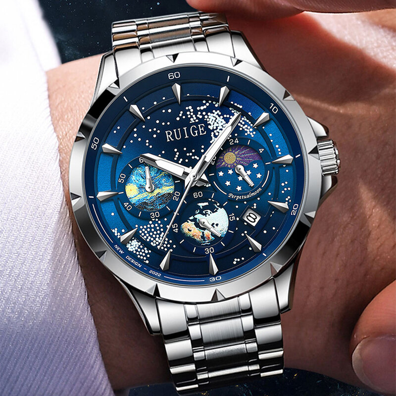 Swiss brand RUIGE watch, starry sea ultra-thin fashion trend men's watch, luminous waterproof casual men's watch