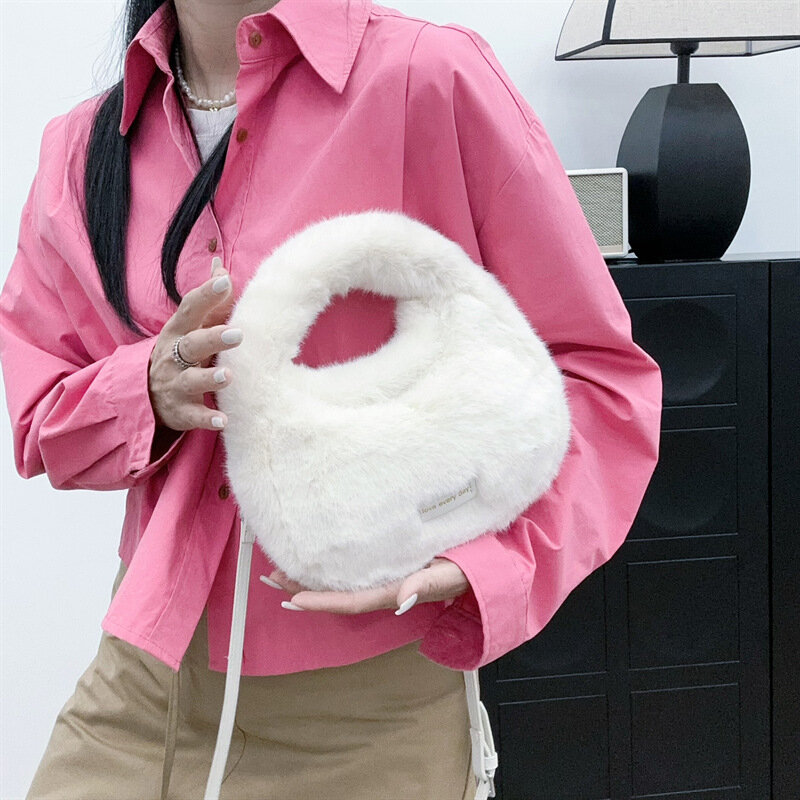 Autumn Winter Faux Fur Hobos Plush Bag for Women Furry Handbag Ladies Imitation Mink Hair Crossbody Round Bags