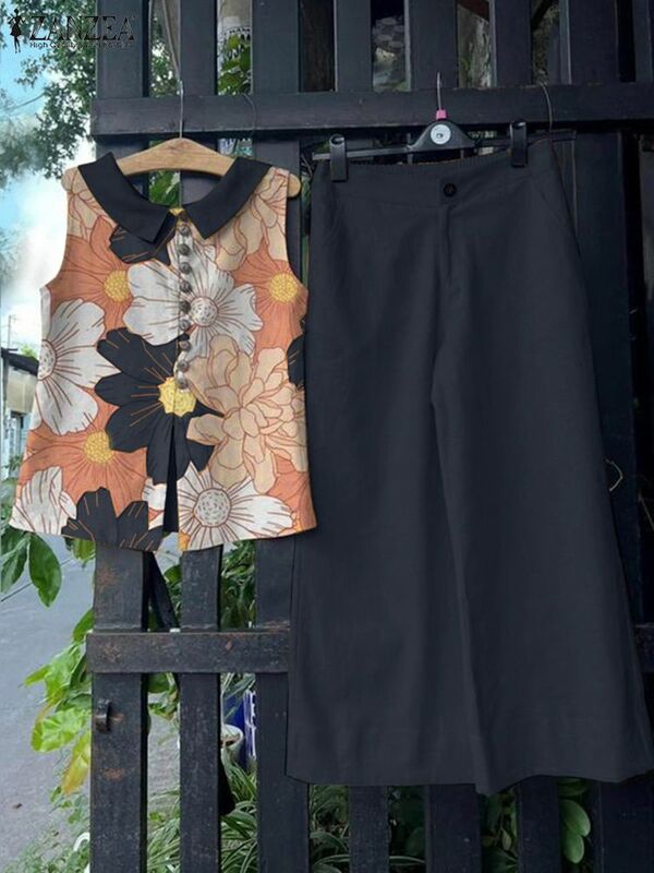 Letnie damskie ZANZEA w stylu Vintage topy w kwiaty spodnie z szeroką nogawką 2 szt. Świąteczne spodnie garnitury w stylu Casual, biurowy pasujące zestawy