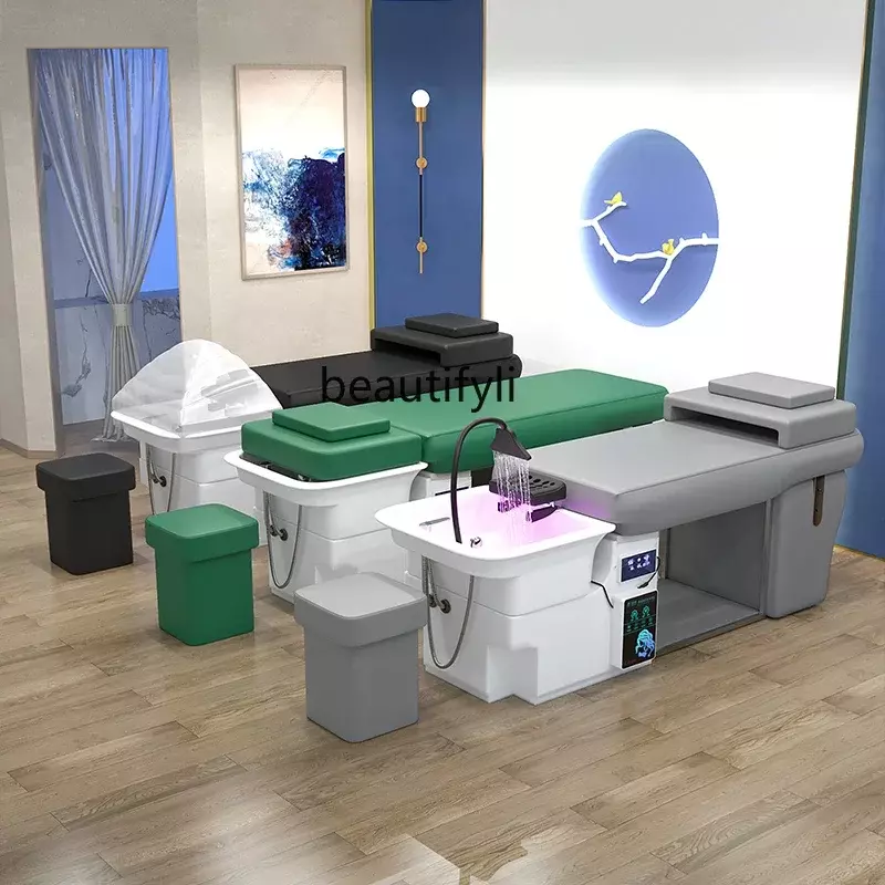 Circulação de água cabeça terapia Shampoo cadeira, Cama de fisioterapia de aço inoxidável, Vidro Cilindro Base Flushing Bed