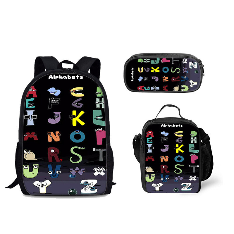 Cartoon Alphabet Pattern 3 pz/set zaino 3D Print School Student Bookbag Anime Laptop Daypack Lunch Bag astuccio regalo per bambini