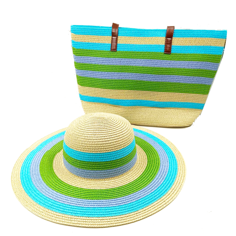 Conjunto de saco de chapéu de palha listrado colorido feminino, saco de balde artesanal feminino, proteção solar ao ar livre, verão