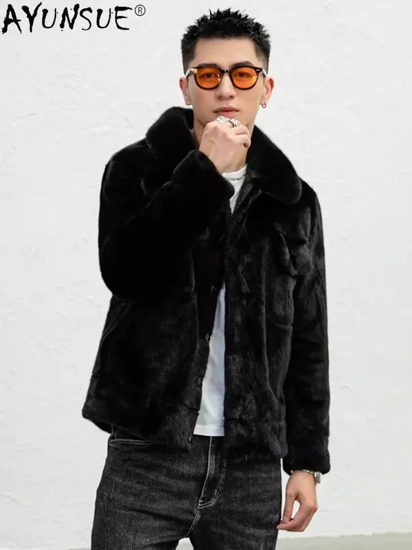 AYUNSUE-Chaqueta de piel de visón Natural para hombre, abrigo de piel Real de visón de alta calidad, con cuello vuelto, color negro, de lujo, para invierno, 2023