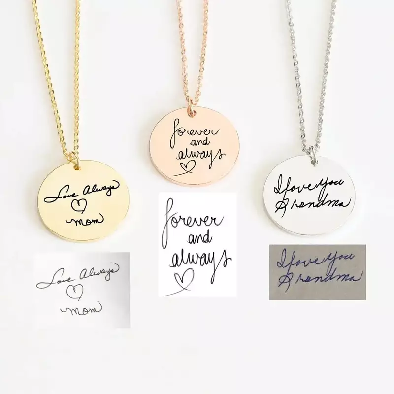 Actual Handwriting Custom Engraved Stainless Steel Round Pendant Necklace Personalization Memorial Signature Gift for Lovers